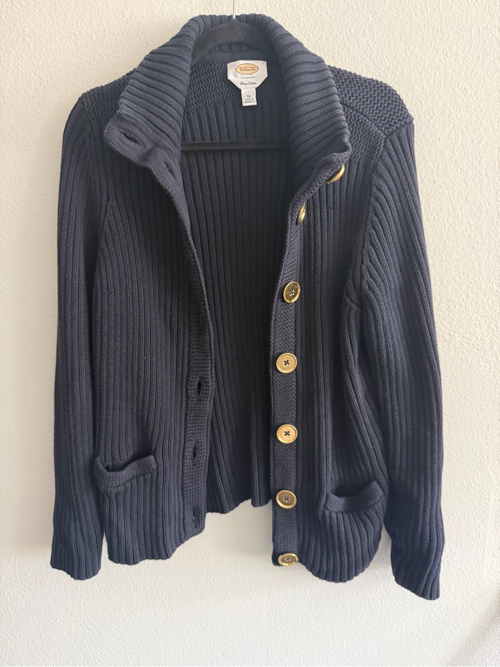 Talbots Black 100% Pima Cotton Ribbed Shawl-Collar Button Cardigan Gold Buttons